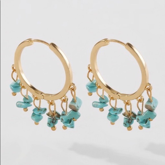 Gold turquoise stone hoop earrings - Picture 2 of 4